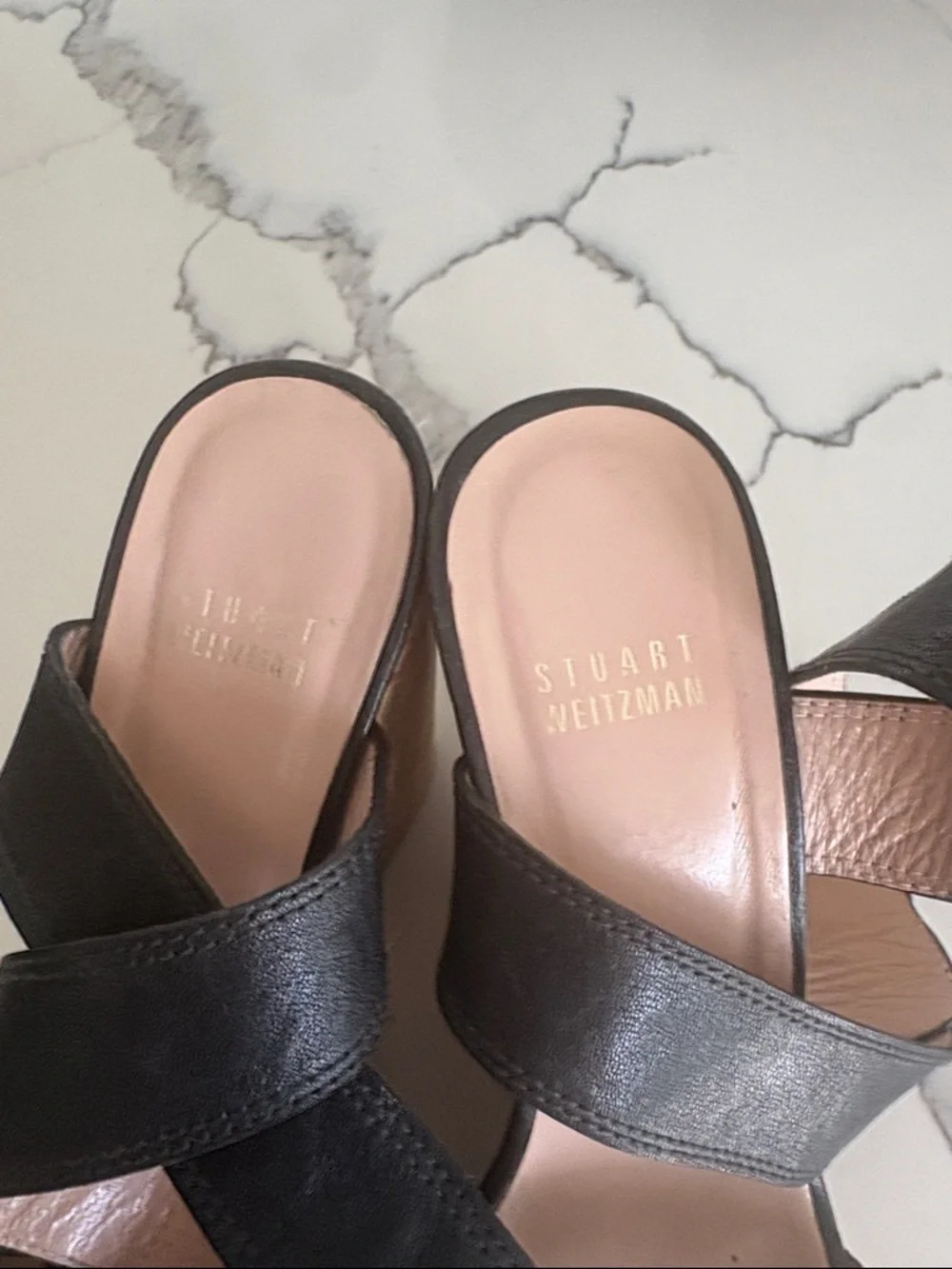Stuart Weitzman Black Leather Wedge Sandals with Cork Platform - Picture 8 of 10